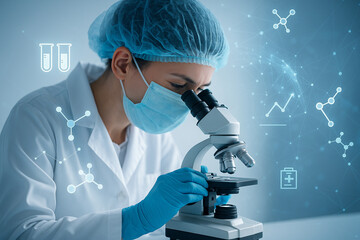 AI generated scientist using microscope in laboratory with digital data overlay showing molecular icons and real time analysis in a clean modern biotechnology research environment
