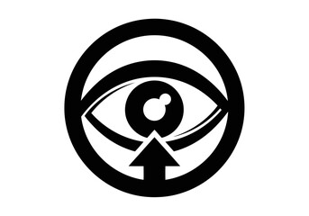 Vector art of black and white graphic symbol of an eye within a circle with an upward arrow, isolated on white background