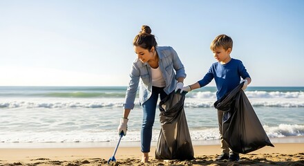 Mother and child diligently cleaning a sandy beach by collecting trash into large bags on a sunny day by the ocean