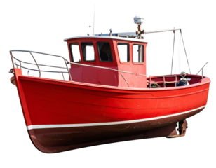 Vintage Red Fishing Boat with Cracked Hull and Rusty Metal Parts, PNG