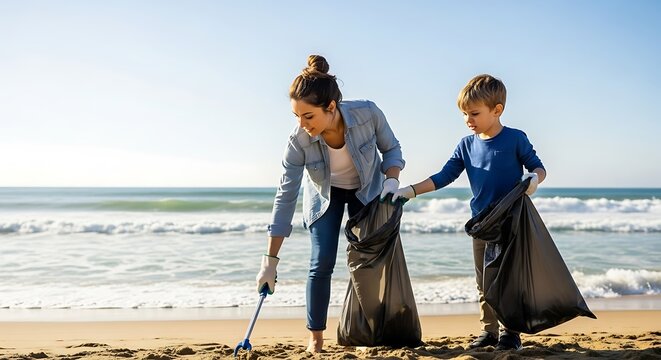 Mother and child diligently cleaning a sandy beach by collecting trash into large bags on a sunny day by the ocean