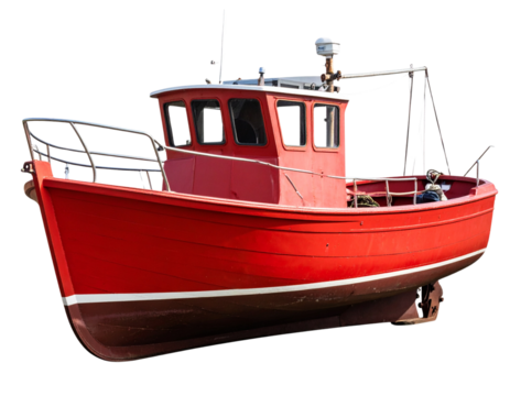 Vintage Red Fishing Boat with Cracked Hull and Rusty Metal Parts, PNG