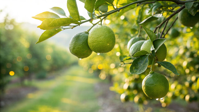 Green Lemons tree with lemon flower in garden, Green Lemon on tree in natural warm sunlight background