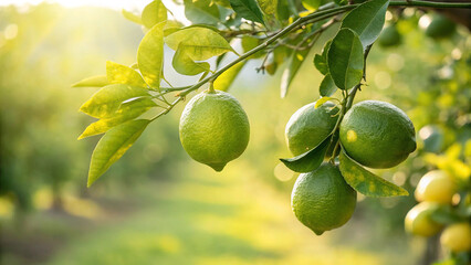 Green Lemon on tree in garden, Green Lemons on tree branch in natural warm sunlight background