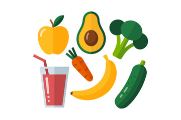 Mixed fruit and vegetable set with juice glass, avocado banana peach apple cucumber and bell pepper, fresh produce flat vector icons