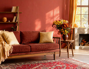 Cozy autumn living room with a red sofa, fireplace, and a vase of Chrysanthemum flowers. Warm, comfortable, and rustic home interior design. generative ai

