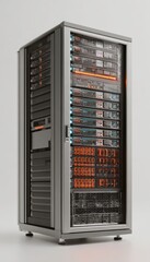 Silver Server Rack with Glowing Orange and Blue Components