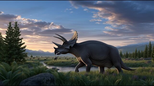Ancient Beast's Serene Stroll: A majestic triceratops traverses a lush, prehistoric landscape under a sky ablaze with sunset hues, a testament to the age of dinosaurs.