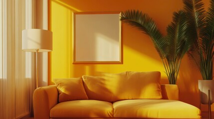 Living room interior design with a mockup photo frame.