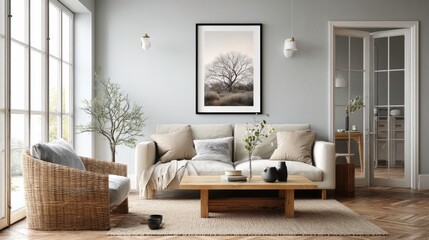 Fototapeta premium Living room interior design with a mockup photo frame.
