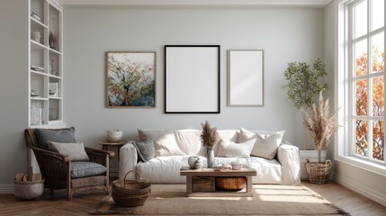 Living room interior design with a mockup photo frame.