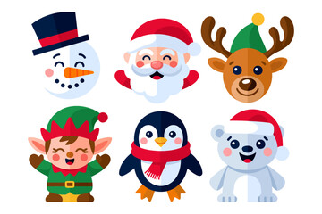 Christmas face and head icons, snowman santa reindeer elf penguin polar bear, cute winter avatar vector, holiday sticker clipart, festive design elements