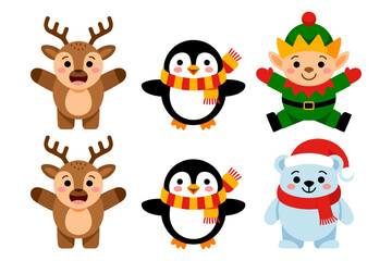 Winter animal and elf icons, reindeer penguin elf polar bear, santa helper characters, cute christmas vector illustration, holiday mascot clipart