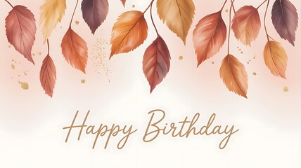 Autumn leaves frame a delicate happy birthday greeting with a soft watercolor background