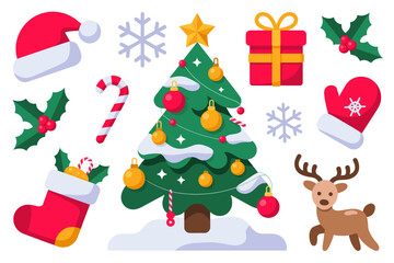 Decorated christmas tree with star topper and ornaments, stocking candy cane gift and deer icons, holiday elements pack, flat design vector collection