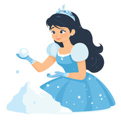 Fototapeta premium Cartoon Snow Princess with Dark Hair and Blue Dress Making Snowballs