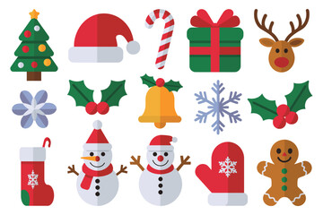 Festive character and item set with santa hats bells wrapped gifts holly snowflakes snowmen and gingerbread cookies, colorful celebration clip art, printable vector collection