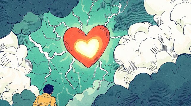 Suspended heart of love a symbol of affection in solitude surrounded by swirling clouds