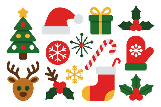 Modern christmas symbol collection with tree santa hat gift reindeer head stocking candy cane snowflake and holly, bright color icon pack, flat style vector