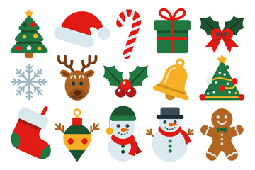 Big christmas icon collection with trees reindeer head candy cane bells holly stockings snowmen gifts and gingerbread, bright winter clip art pack, vector