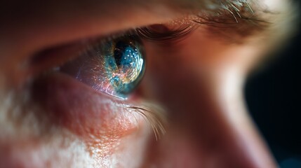 Close-up of a human eye with deep blue iris and intricate details reflecting light.