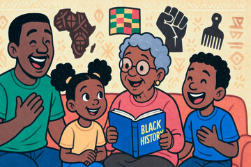 Cartoon family sharing black history stories living room animation cultural symbols family perspective