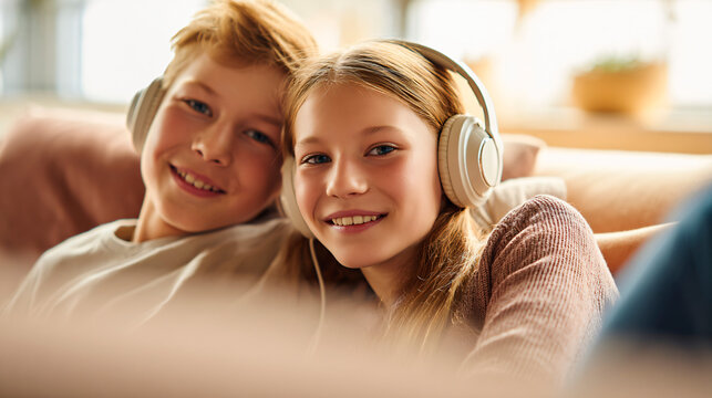 Smiling boy and girl wearing headphones relaxing on the couch