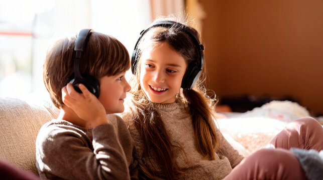 Kids enjoying music together on headphones at home