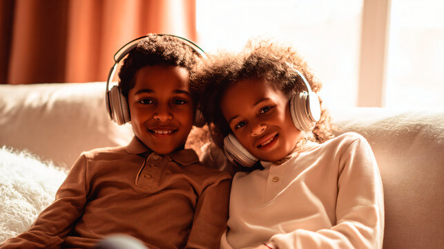 Two smiling children wearing headphones sitting together on a cozy sofa - Powered by Adobe