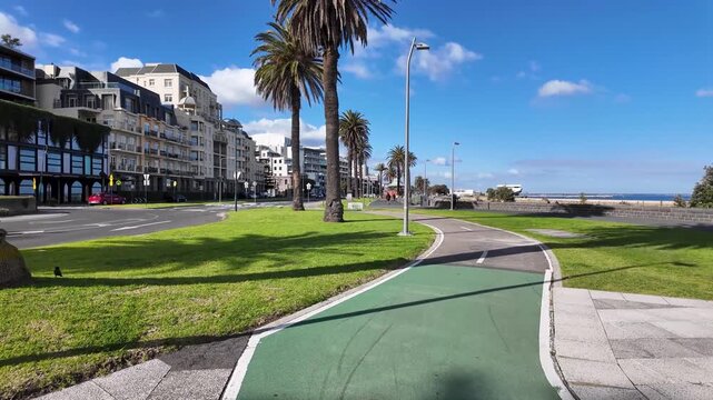 A dedicated green cycling path at Port Melbourne foreshore, Australia, framed by palm trees and contemporary residential apartment buildings. Concept of coastal living and urban sidewalk