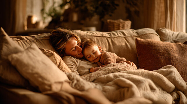 Mother cuddling with sleeping toddler on cozy sofa at home