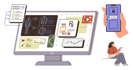 Monitor displaying medical data, patient records, genome, prescription info, charts. Mobile app unlocking healthcare access. Seated person interacting remotely. Ideal for telemedicine, data sharing