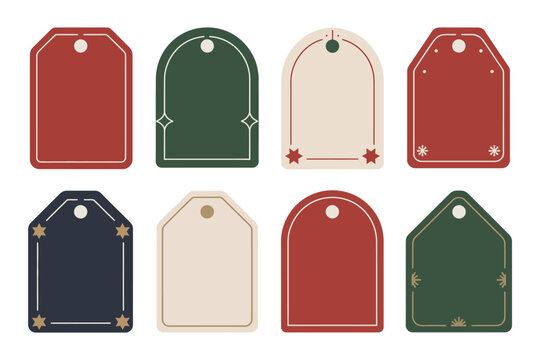 Christmas gift tag set, red green cream labels, rounded rectangle and arch shapes, minimalist holiday design, printable vector template