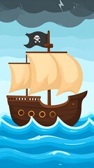 A pirate galleon sails on a stormy sea