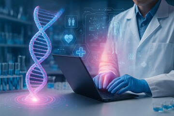 AI generated futuristic science lab scene showing scientist with glowing DNA helix digital interface symbolizing genetic research and biotechnology innovation
