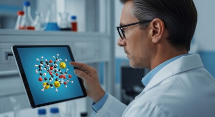 A scientist in a lab coat examining a digital model of a molecule on a tablet.