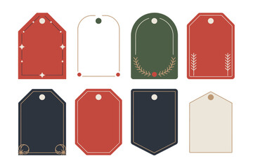 Blank holiday tag icons, red navy cream labels, simple shapes with hole, christmas gift wrapping, printable vector set
