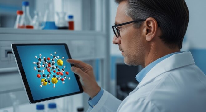 A scientist in a lab coat examining a digital model of a molecule on a tablet.