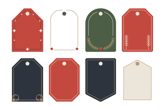 Blank holiday tag icons, red navy cream labels, simple shapes with hole, christmas gift wrapping, printable vector set