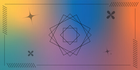 Colorful Abstract Gradient Background with Geometric Overlapping Squares, Stars, and Decorative Shapes in Blue, Orange, and Yellow for Modern Art, Design, and Technology Concepts.