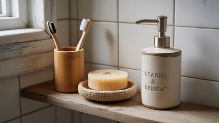 Close up of bathroom counter with soap dispenser toothbrush holder and bar of soap