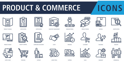 Product & Commerce Icon Set Outline with product catalog, specification, certification, inventory management, manufacturing, product review, costing, identification, product design