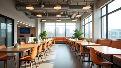 Obraz premium view of modern Office cafeteria area, long dining tables and pendant lights.