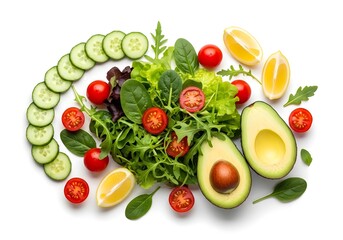 Vibrant and Wholesome Fresh Salad Ingredients Artfully Arranged, Showcasing a Healthy and Nutritious Mix of Vegetables and Fruits for a Balanced Diet.