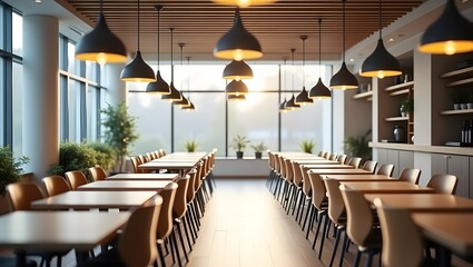 view of modern Office cafeteria area, long dining tables and pendant lights.