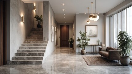Luxury interior design of modern entrance hall with door and staircase in villa.