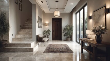 Luxury interior design of modern entrance hall with door and staircase in villa.