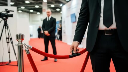 A security guard in a suit stands by a red velvet rope barrier at an event with a camera on a tripod in the foreground