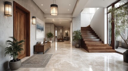 Luxury interior design of modern entrance hall with door and staircase in villa.
