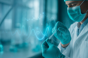 AI generated futuristic scene of a scientist in protective gear analyzing molecular data with glowing blue overlays in a clean modern laboratory environment